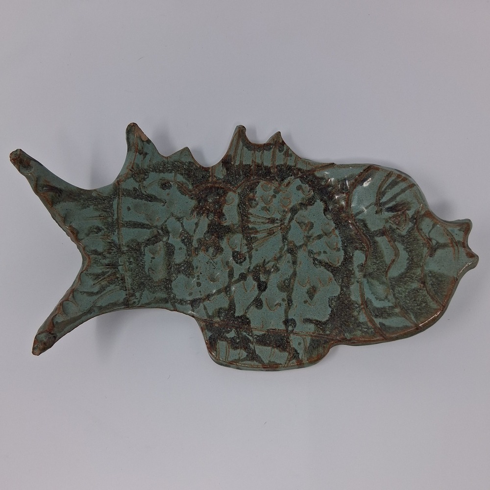 Hand Crafted Fish Curved Platter Earthy Green with Quirky Imperfections!